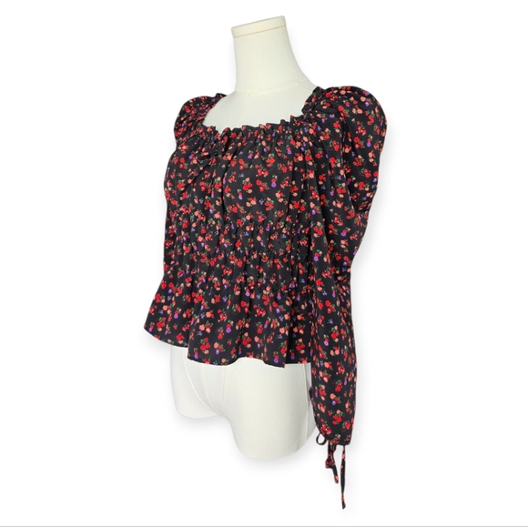 TOPSHOP Black Floral Blouse Cropped Square Neck Sleeve Ties Top - Picture 1 of 5